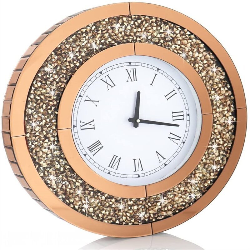 Home Decor Crushed Diamond Digital Accent Round Mirrored Wall Clocks For Living Room Bedroom