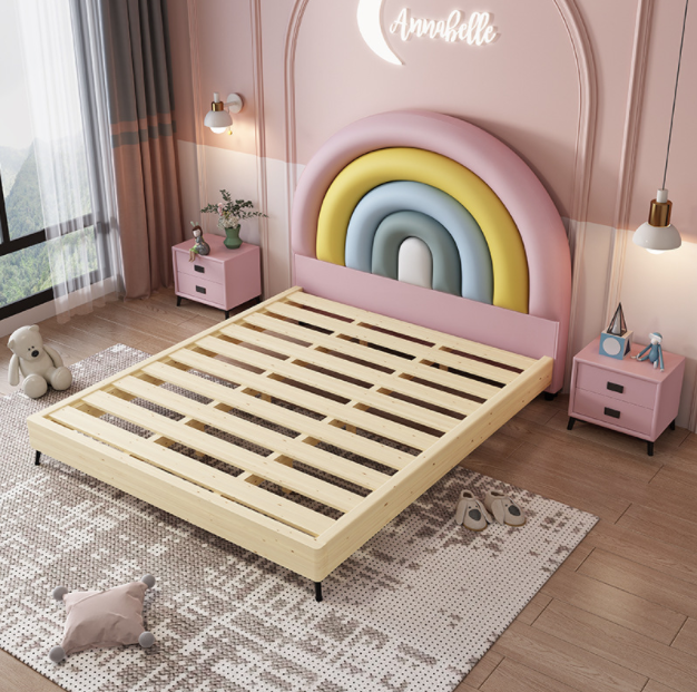 Kid's Furniture Customized Size Rainbow Headboard Design Upholstered Leather Bed For Bedroom