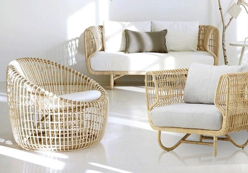 Nordic Indoor Rattan Sofa Living Room Furniture Villa Cafe Restaurant Curved Rattan Loveseat Sofa