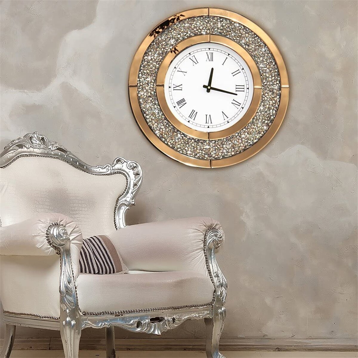 Home Decor Crushed Diamond Digital Accent Round Mirrored Wall Clocks For Living Room Bedroom