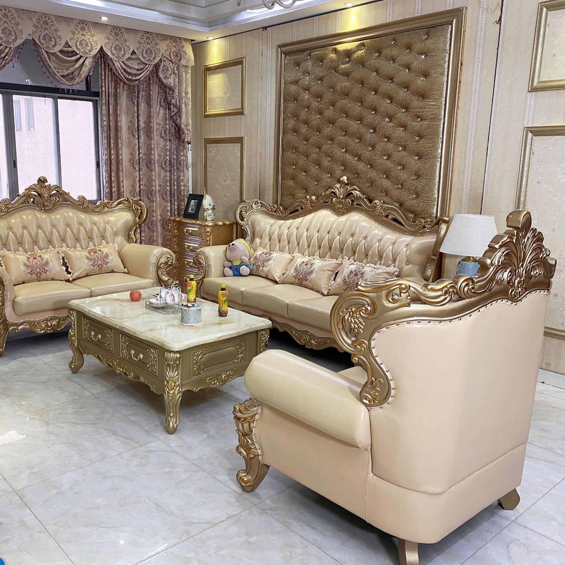 Retro Royal European Leather Sofa Wholesale Luxury Living Room Villa Sofa Solid Wood Double sided Carved Set Combination Couch BestSuppliers