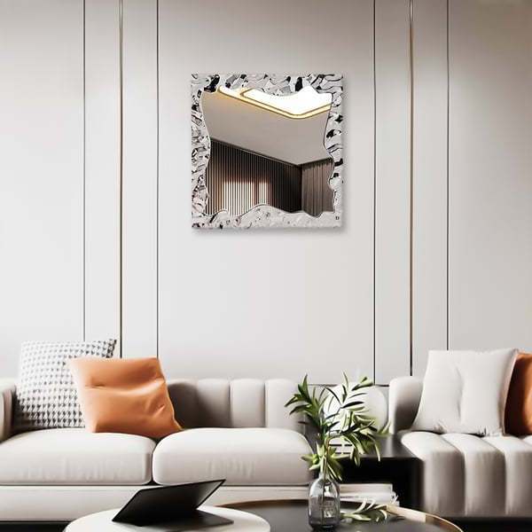 Luxury Contemporary Art Decor Square Silver Stainless Steel Water Ripple Broken Wall Mirror with Glass Material for Room Decor