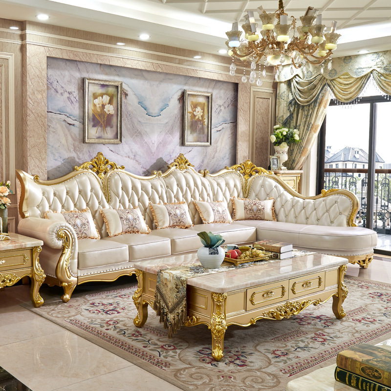 Luxury European Solid Wood Gold Wedding Royal Sofa Couch Pure Leather Loveseat Combination Living Room Corner L-shaped Sofa