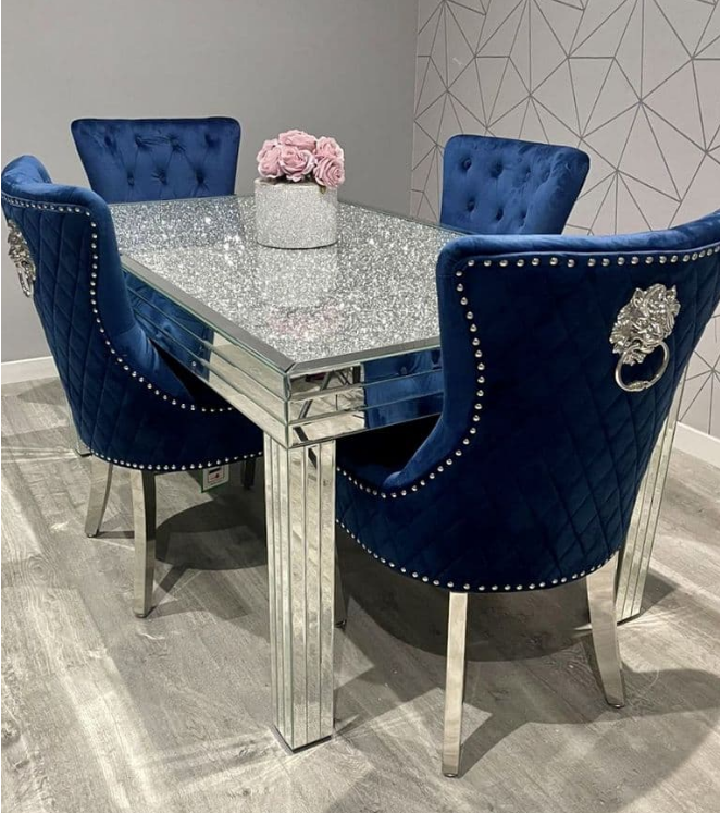 Sparkle Silver Mirrored Rectangle Dining Table  4 Legs Crushed Diamond Top Dining Room Furniture