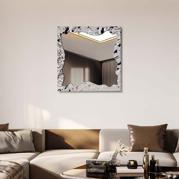 Luxury Contemporary Art Decor Square Silver Stainless Steel Water Ripple Broken Wall Mirror with Glass Material for Room Decor