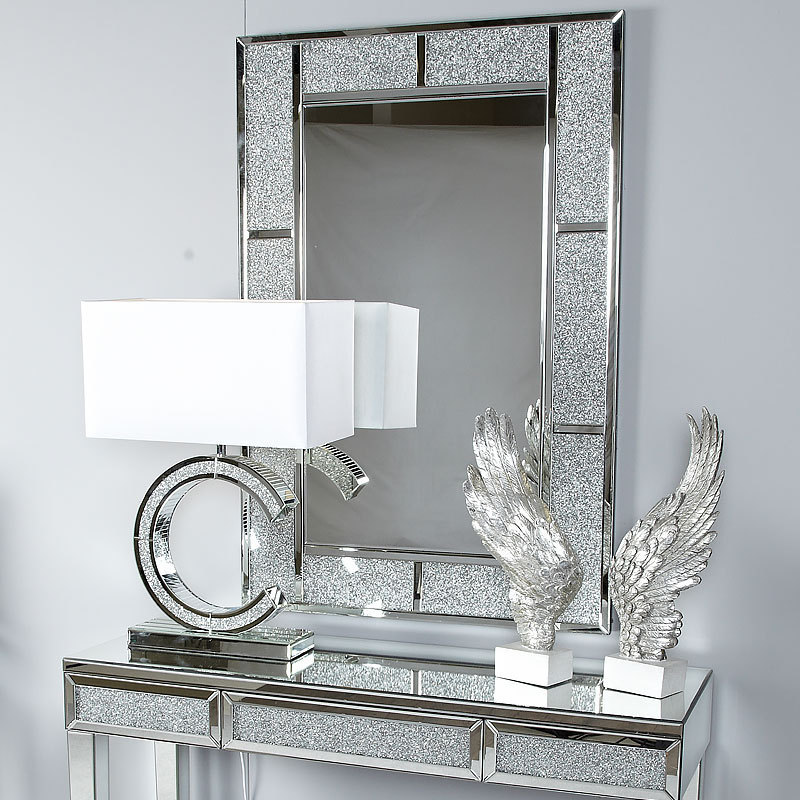 New Arrival Item Luxury Silver Sparkly Diamond Glitz Rectangular Wall Mirror Decor Art For Home Hotel Wedding Shop