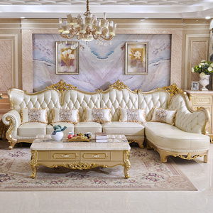 Luxury European Solid Wood Gold Wedding Royal Sofa Couch Pure Leather Loveseat Combination Living Room Corner L-shaped Sofa