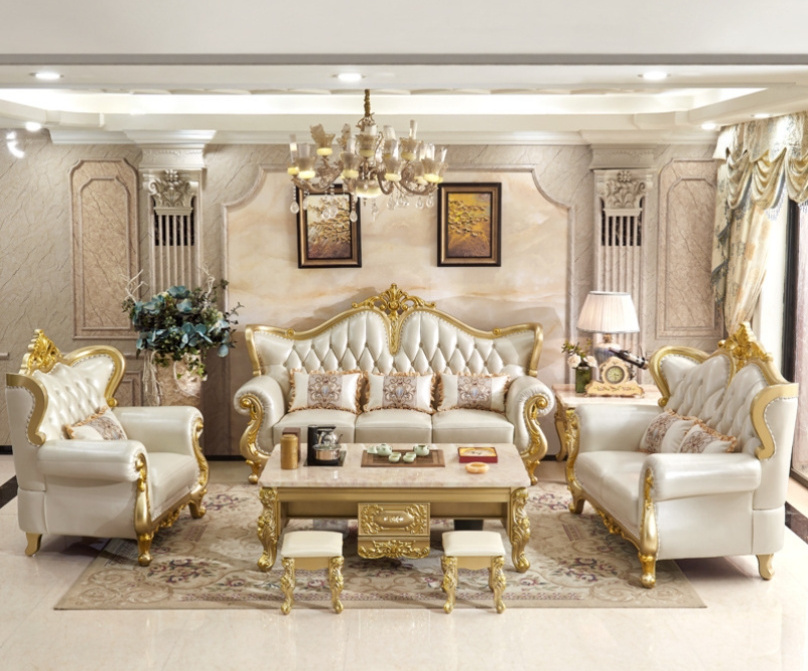 Royal European Leather Sofa 123 Combination Luxury Villa Living Room Champagne Gold Solid Wood Carved Sofa Set Couch For Home Ho