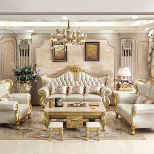 Royal European Leather Sofa 123 Combination Luxury Villa Living Room Champagne Gold Solid Wood Carved Sofa Set Couch For Home Ho