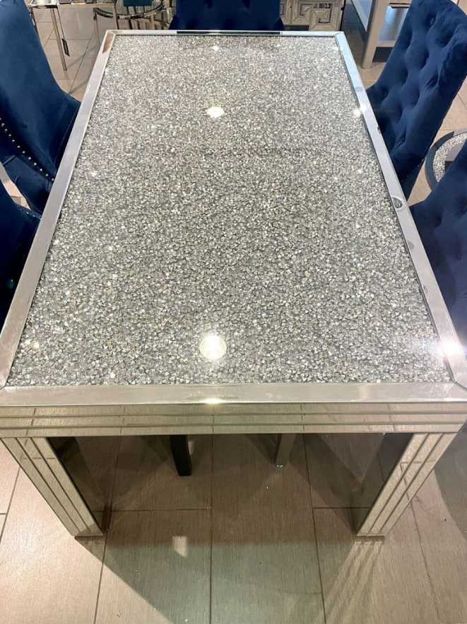 Sparkle Silver Mirrored Rectangle Dining Table  4 Legs Crushed Diamond Top Dining Room Furniture