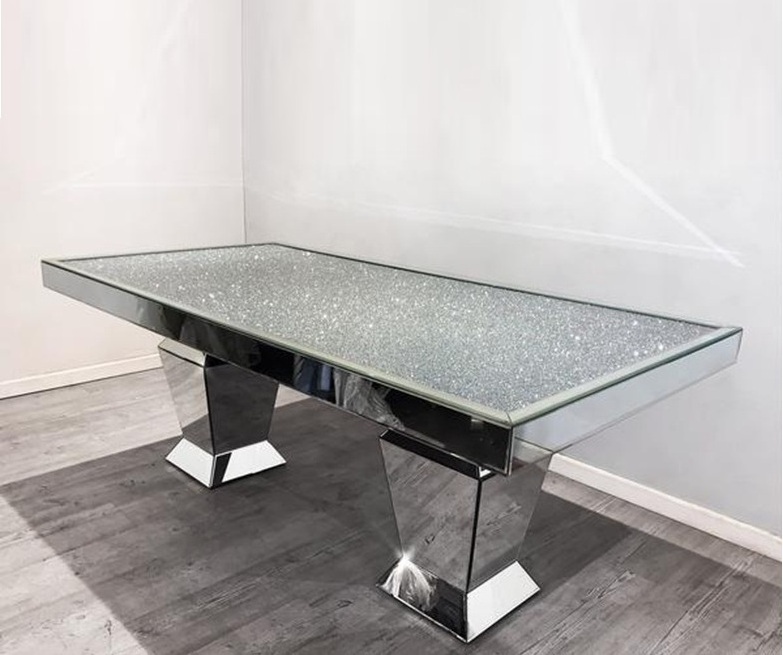 Modern Luxury Sparkly Silver Mirrored Shinny Crushed Diamond Glass Top Dining Table Wedding Table For Home Hotel Furniture