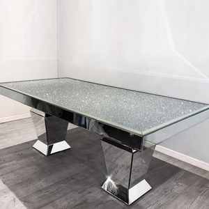 Modern Luxury Sparkly Silver Mirrored Shinny Crushed Diamond Glass Top Dining Table Wedding Table For Home Hotel Furniture