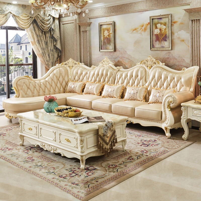 Luxury European Solid Wood Gold Wedding Royal Sofa Couch Pure Leather Loveseat Combination Living Room Corner L-shaped Sofa