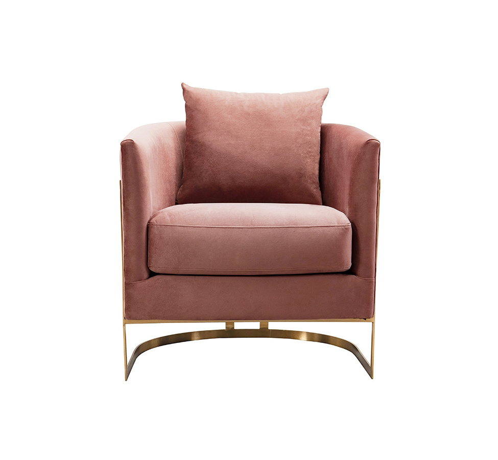 Modern Luxury Hot Sales Brushed Gold Stainless Steel Blush Pink Velvet Armchair Hotel Oversize Upholstered Lounge Chair for Home