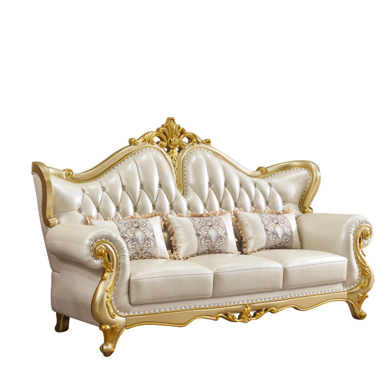 Royal European Leather Sofa 123 Combination Luxury Villa Living Room Champagne Gold Solid Wood Carved Sofa Set Couch For Home Ho