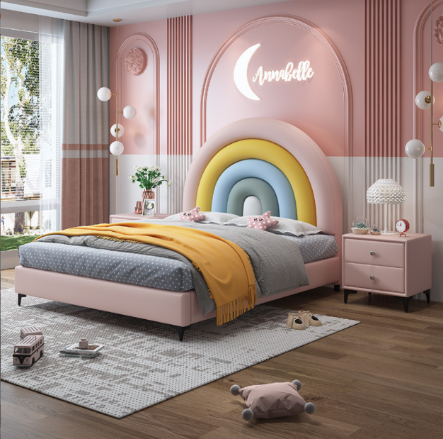 Kid's Furniture Customized Size Rainbow Headboard Design Upholstered Leather Bed For Bedroom