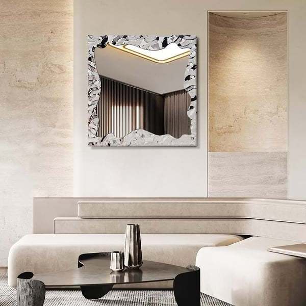 Luxury Contemporary Art Decor Square Silver Stainless Steel Water Ripple Broken Wall Mirror with Glass Material for Room Decor