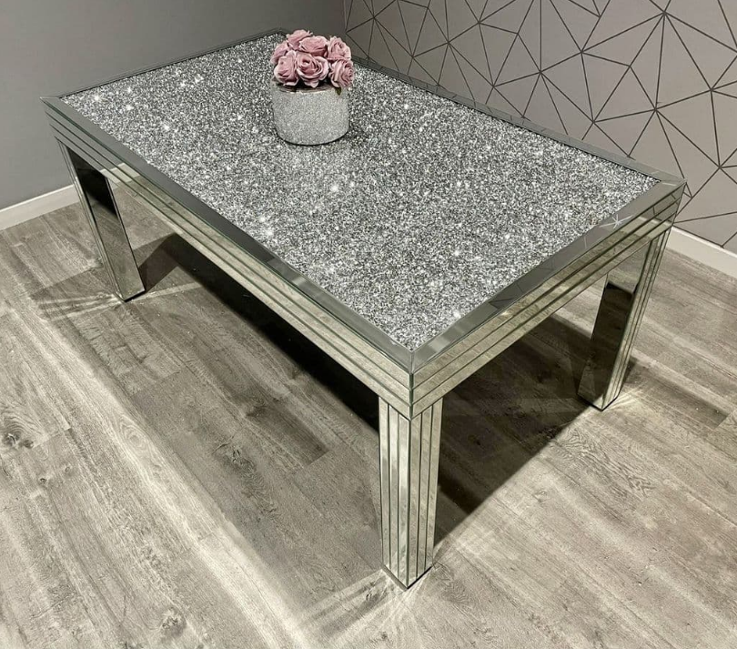 Sparkle Silver Mirrored Rectangle Dining Table  4 Legs Crushed Diamond Top Dining Room Furniture