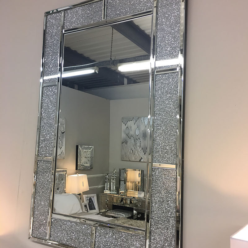 New Arrival Item Luxury Silver Sparkly Diamond Glitz Rectangular Wall Mirror Decor Art For Home Hotel Wedding Shop