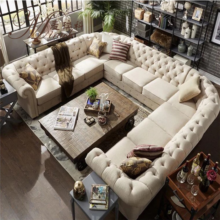 Customized Tufted Chesterfield Linen Upholstery 7 Seat Sectional Sofa Set In Living Room