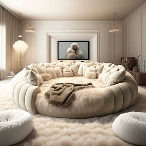 Super luxurious cozy customization white genuine leather white velvet round bed hotel villa Round Shaped Upholstered Bed