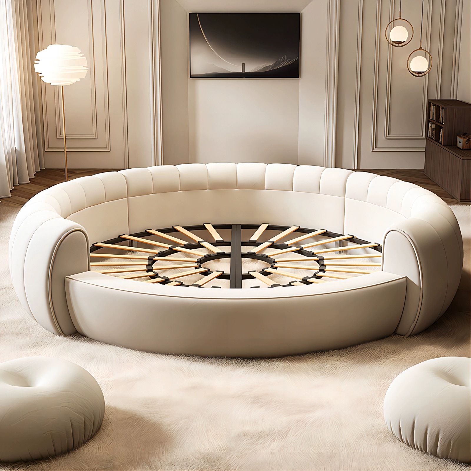 Super luxurious cozy customization white genuine leather white velvet round bed hotel villa Round Shaped Upholstered Bed