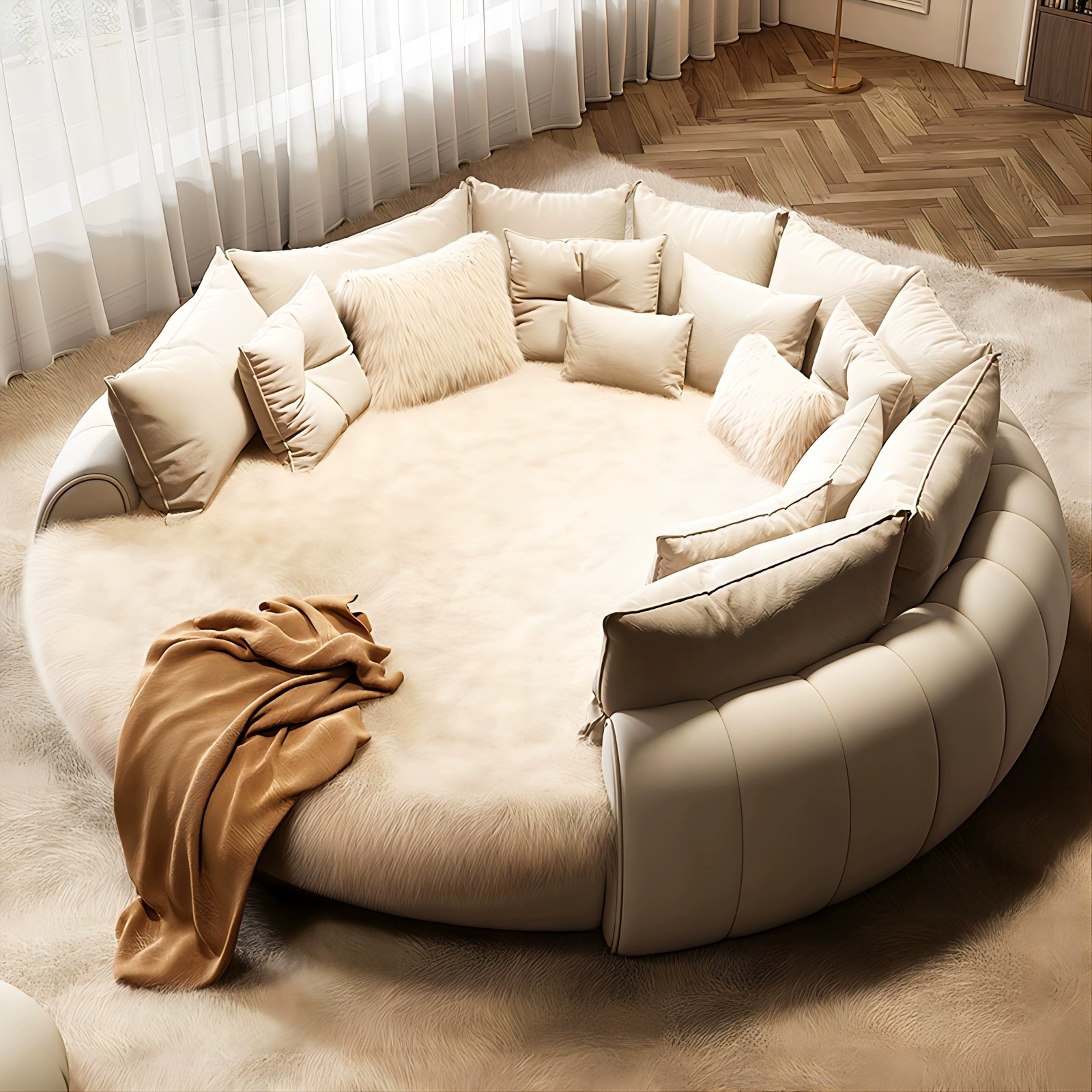 Super luxurious cozy customization white genuine leather white velvet round bed hotel villa Round Shaped Upholstered Bed