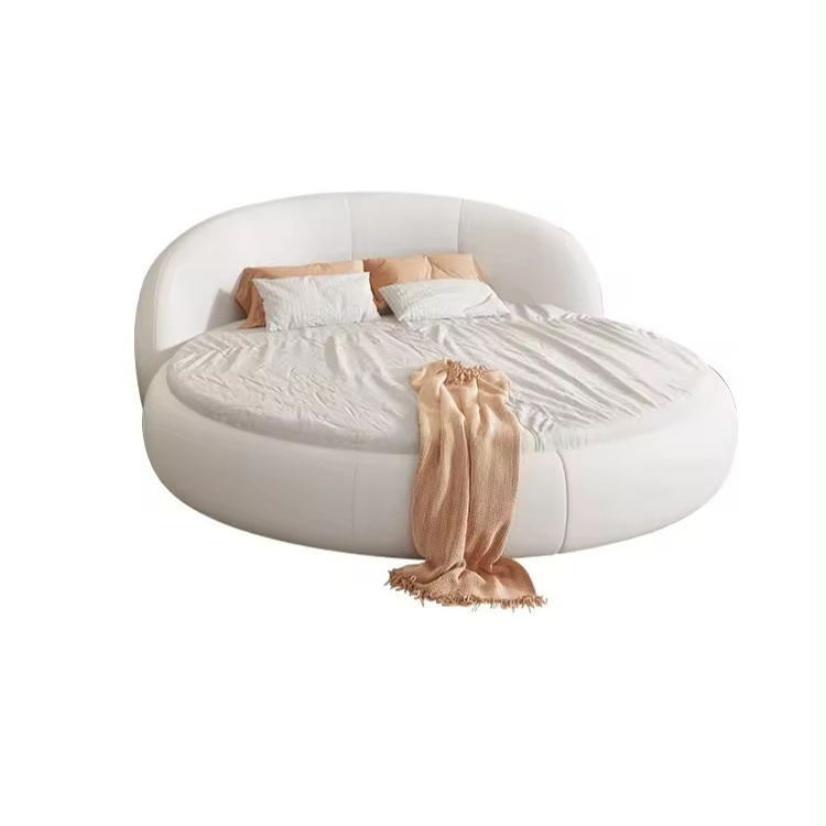 Luxury Modern Style Round Shaped White Contact Surface Genuine Leather Upholstered Bed Round Hotel Bed