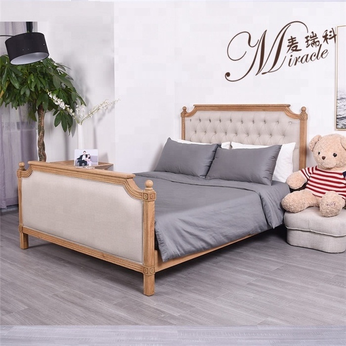 Retro country style orignal natural color oak wood cotton upholstery bed