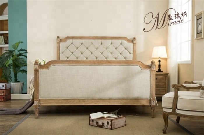 Retro country style orignal natural color oak wood cotton upholstery bed