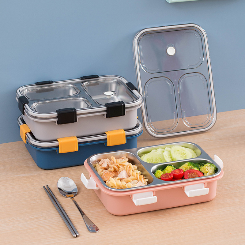 304 Stainless Steel Lunch Container 3 Section Design Keep Foods Separated Metal Bento Box  Portable Utensil Kids Women Adults