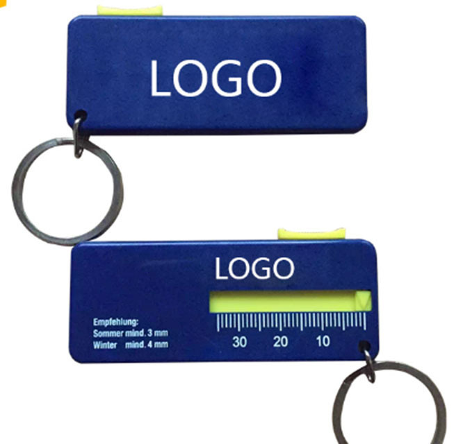 Logo imprinting car tire tread depth gauge with keychain for promotion