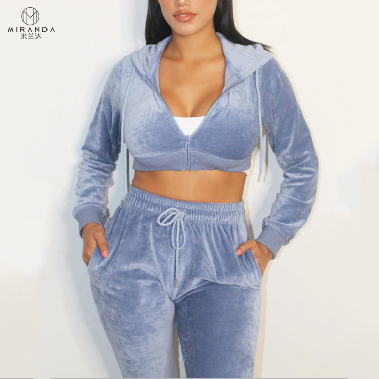 Custom Womens Velour Tracksuits Two Piece Set Drawstring Velvet Crop Hoodie & Sweatpants