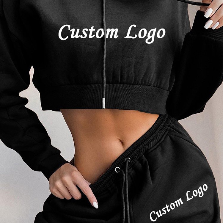 Custom Logo High Quality Gym Cotton Fleece Crop Top Jogging Suits Sweatpants And Hoodie Women Sweatsuit Tracksuit 2 Piece Set