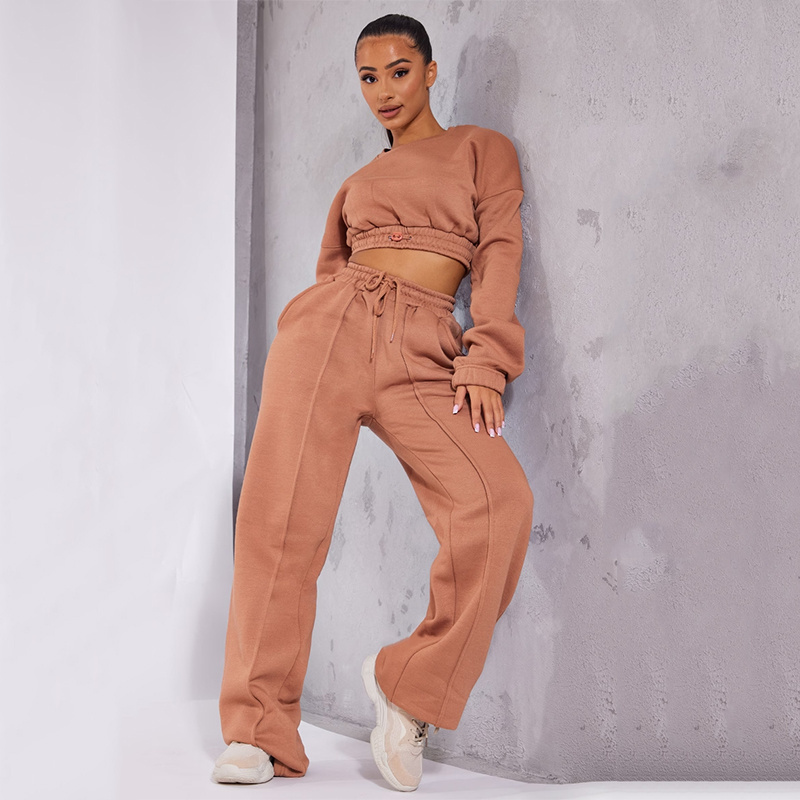 Custom Women Jogger Set Jogging Suits High Quality Tracksuit Sweatsuit Cropped Sweat Top and Wide Leg Seam Detail Sweatpants