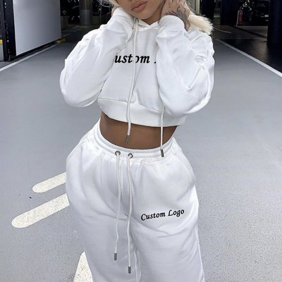 Custom Logo High Quality Gym Cotton Fleece Crop Top Jogging Suits Sweatpants And Hoodie Women Sweatsuit Tracksuit 2 Piece Set