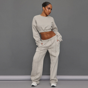 Custom Women Jogger Set Jogging Suits High Quality Tracksuit Sweatsuit Cropped Sweat Top and Wide Leg Seam Detail Sweatpants