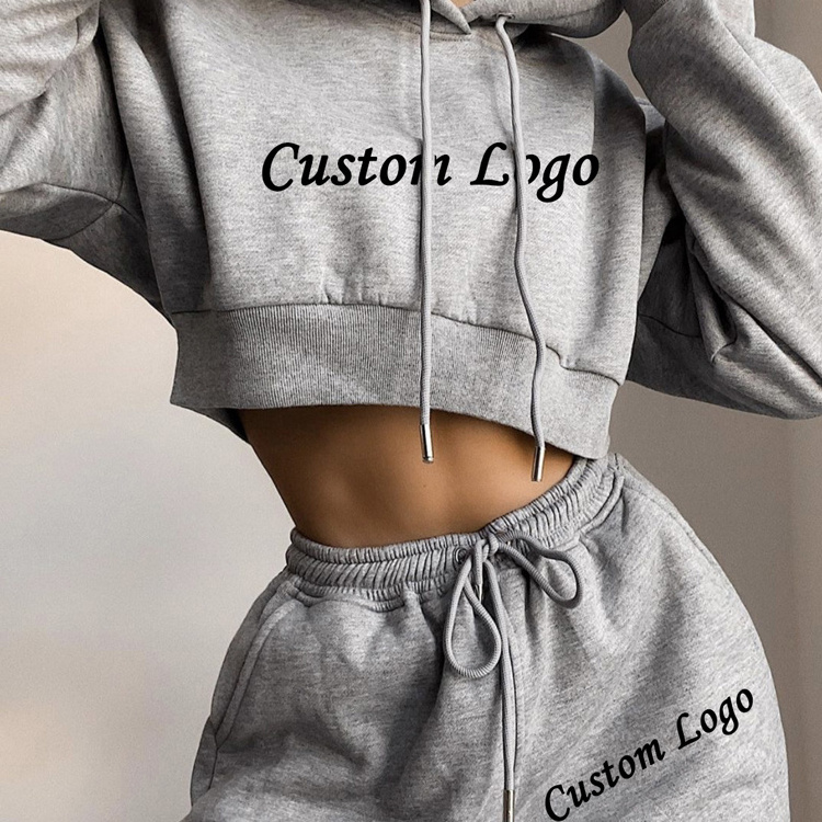 Custom Logo High Quality Gym Cotton Fleece Crop Top Jogging Suits Sweatpants And Hoodie Women Sweatsuit Tracksuit 2 Piece Set