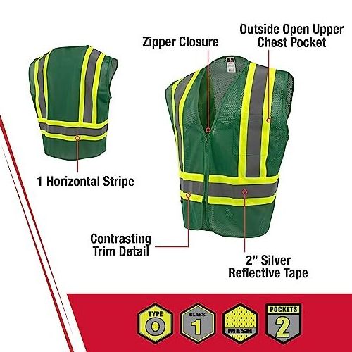 Private Label Good Quality Safety Vest  Class 1 Safety Vest Size 2X-Large, Hunter Green Mesh with Contrasting Tape - 1 Each