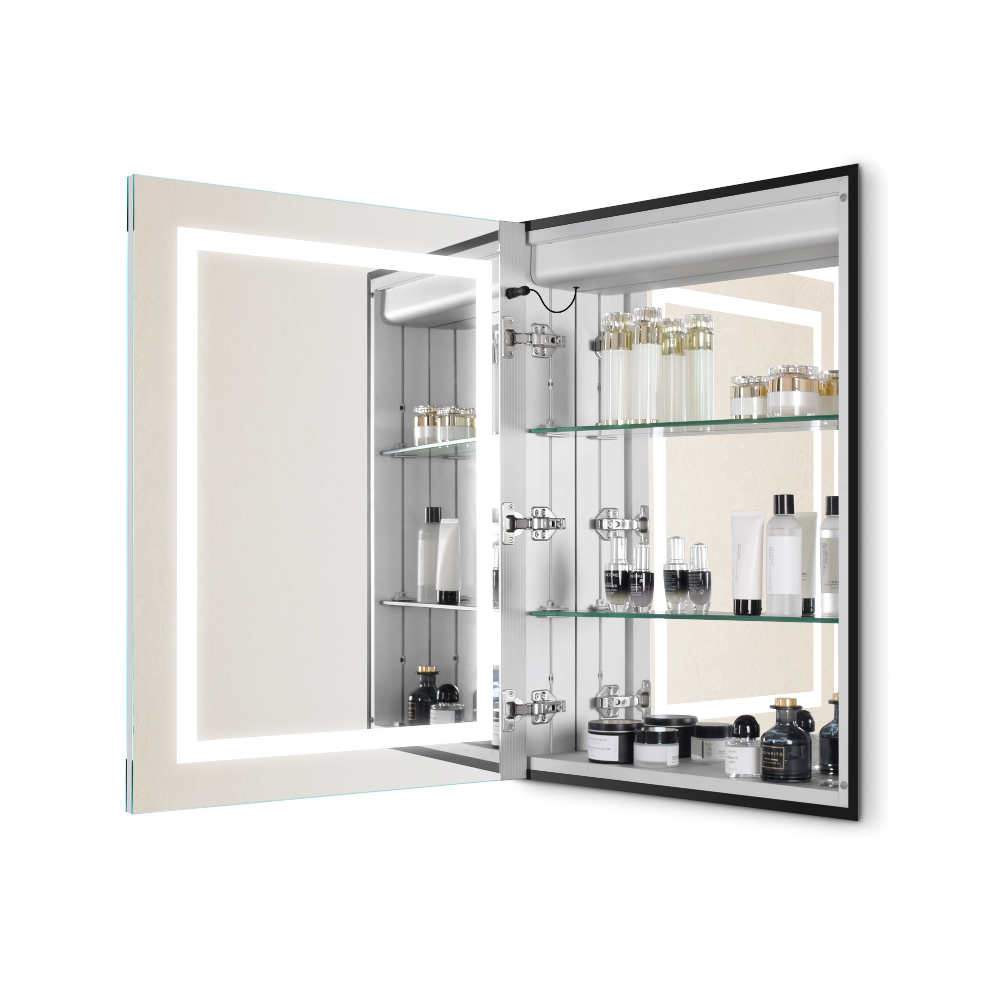 Bathroom Black Frame Vanity Mirror Cabinet LED Lighting Hinge Cable Powered Recessed Mounted Medicine Cabinet