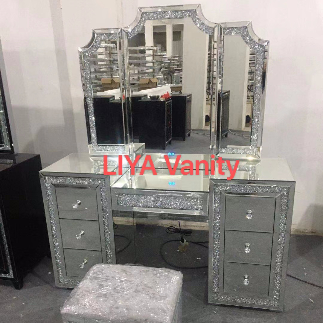 Modern Mirrored Glass Lighted Tri-Fold LED Mirror Makeup Vanity Crushed Diamond Crystal Dressing Table  Stool Music Speaker