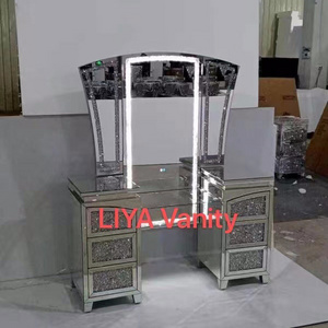 Modern Mirrored Glass Lighted Tri-Fold LED Mirror Makeup Vanity Crushed Diamond Crystal Dressing Table  Stool Music Speaker