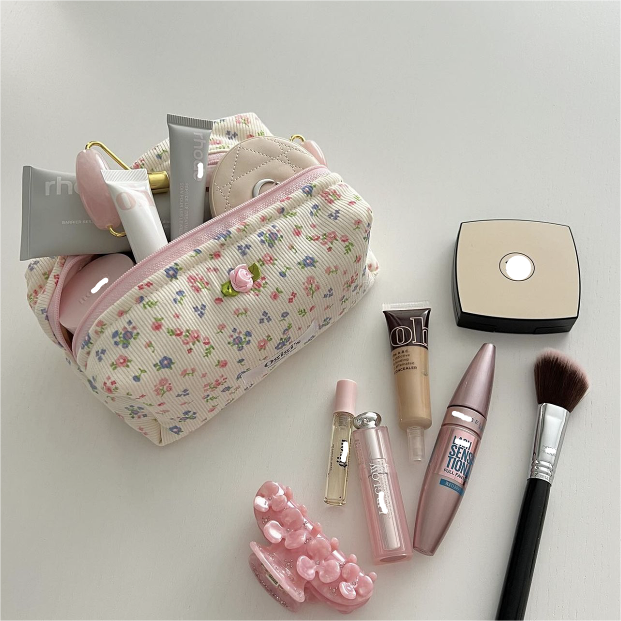 custom logo floret lace Bow Decoration cosmetic pouch travel essential toiletry bag strip floral Jacquard corduroy makeup bag