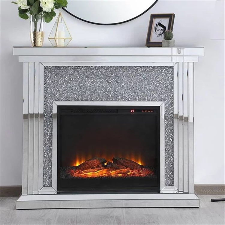 Factory price living room hotel diamond crushed mirrored fireplace OEM modern glass electric mirror furniture fireplace