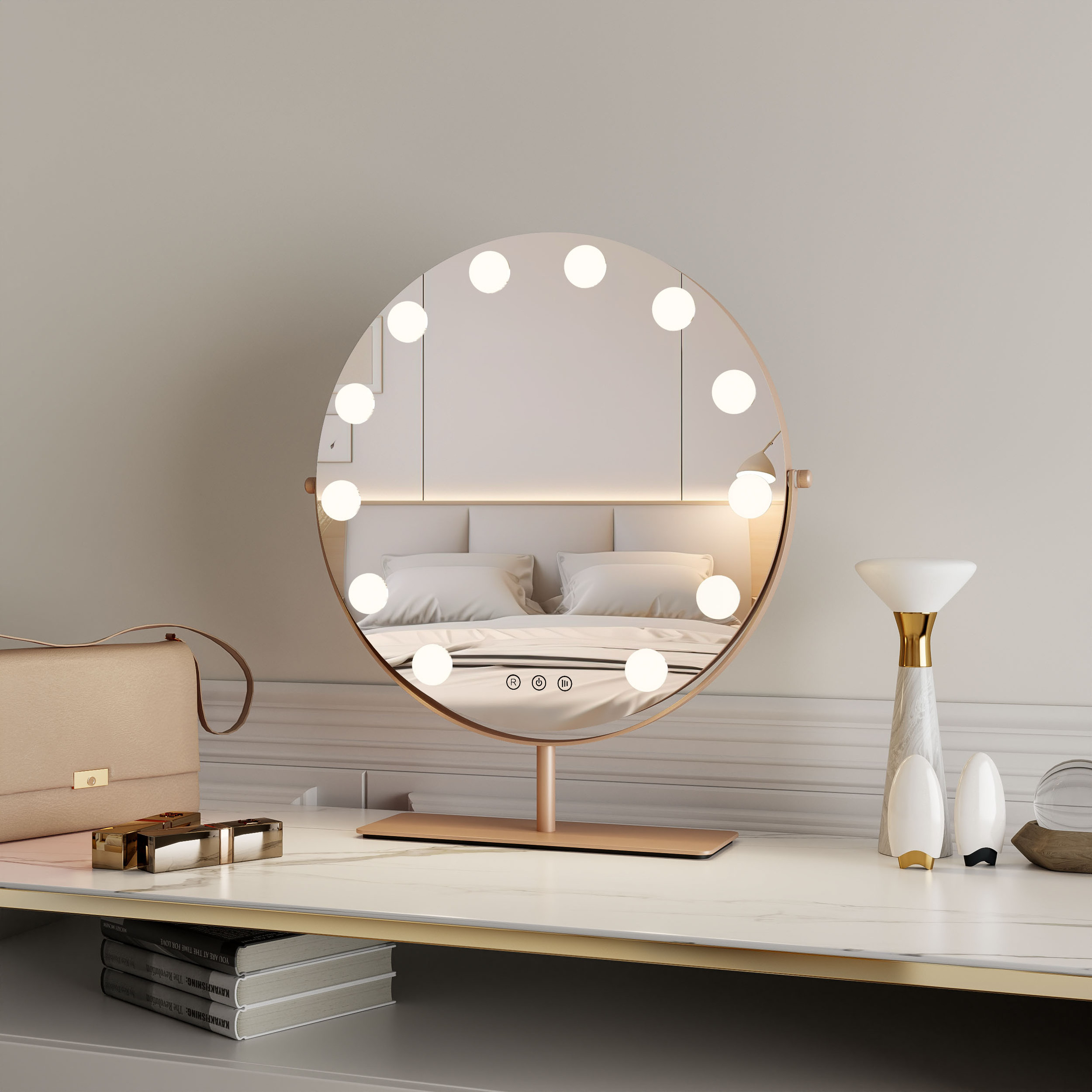 Hollywood Style 43x48cm 12 Pcs G35 Dimmable Led Bulbs Rose Gold Bulbs Lighted Makeup Tabletop Vanity Mirror With Led Lights