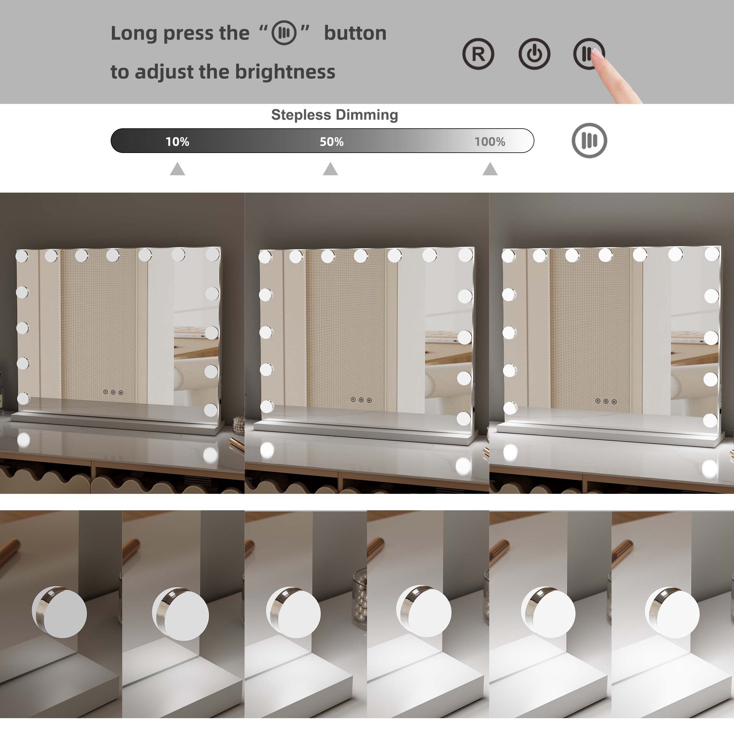 Custom 3 Lighting Modes 15 Dimmable Led Bulbs Touch Sensor Dimmable Make Up Makeup Led Hollywood Vanity Mirror With Lights