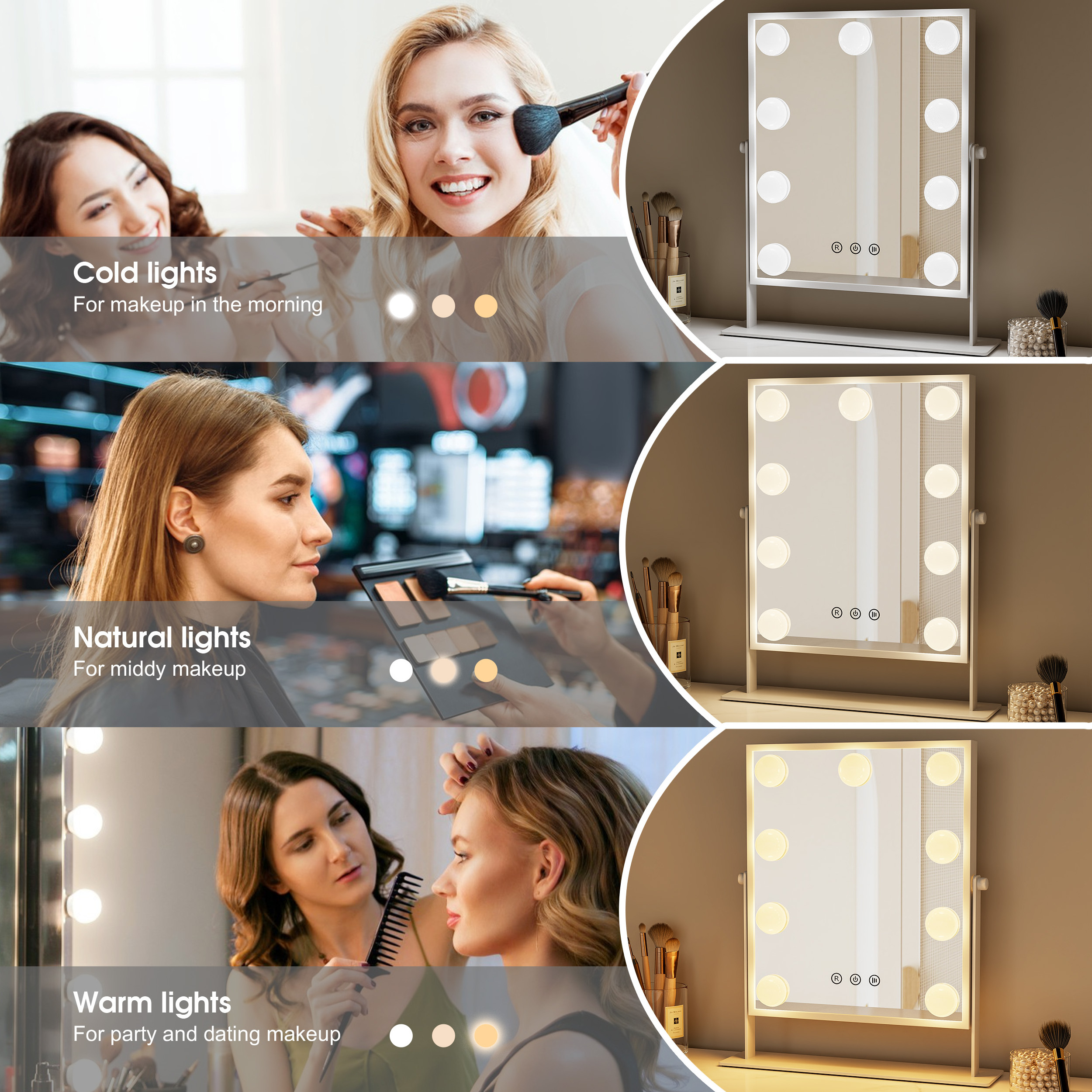 3 Color Lighting Modes Smart Touch Control Led Bulbs Makeup Hollywood Mirror Vanity Mirror With Led Light