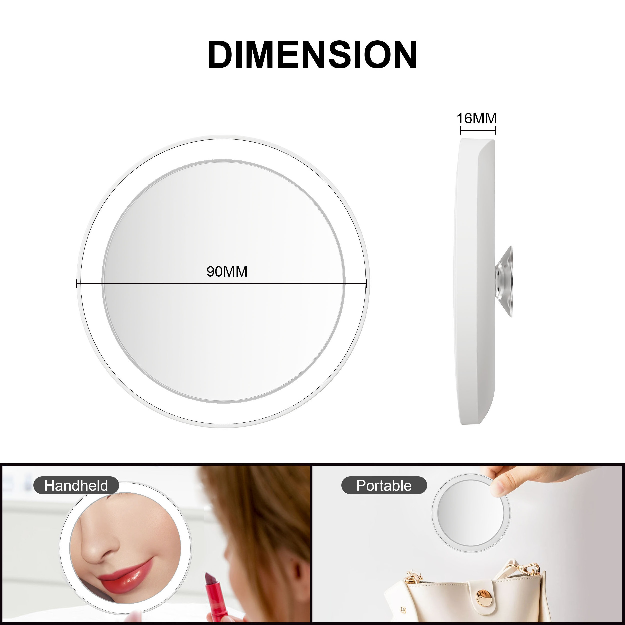 5x Rechargeable Small Mini Cosmetic Handheld Compact Magnifying Mirror With Suction Cups Mirror With Led Light