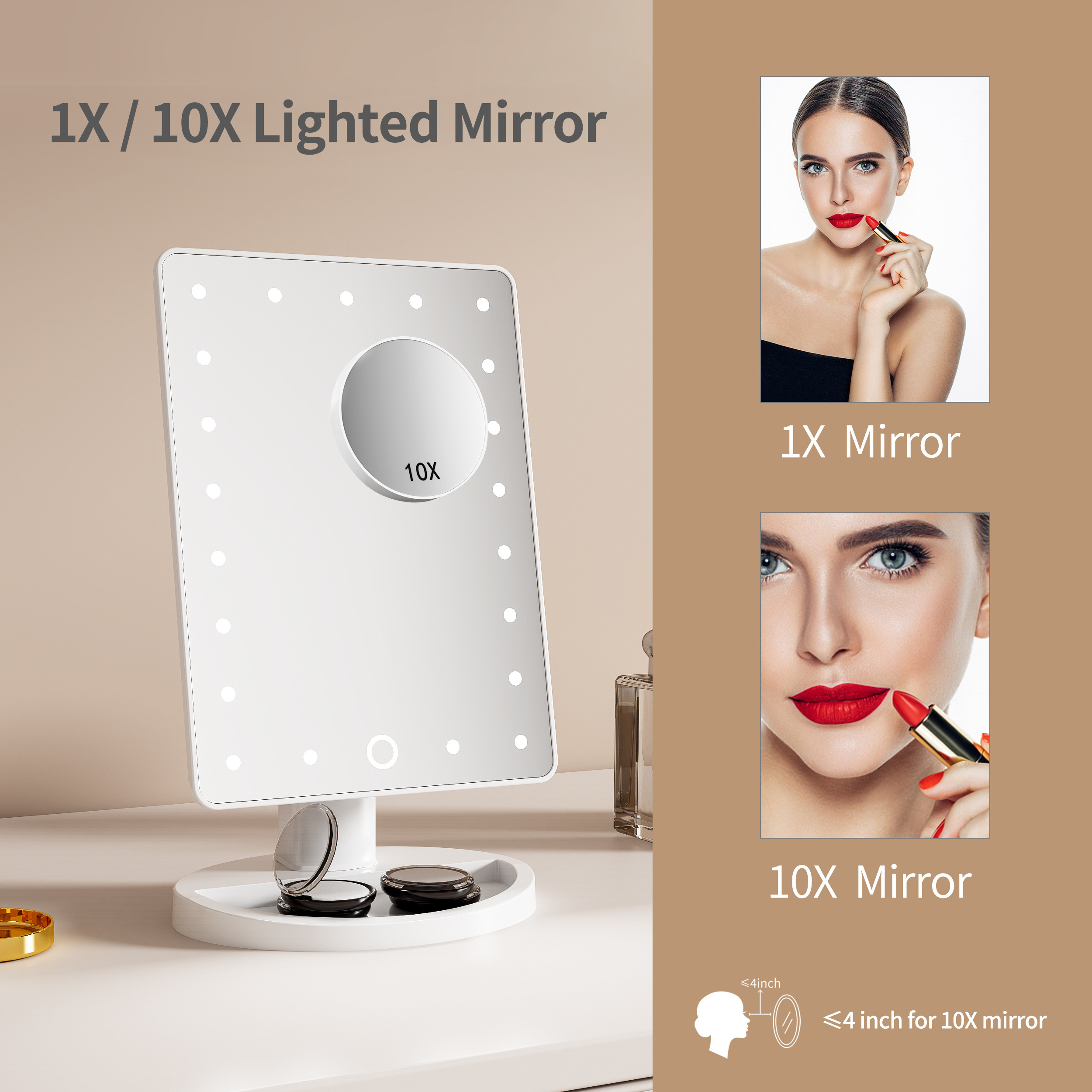 Wholesale Custom Logo Portable Detachable 10x Magnification Mirror Light Up Vanity make up mirror with led light