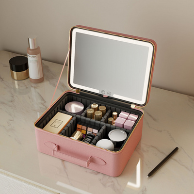 Portable Vanity Storage Box Lighted Type-C Charging Pu Leather Pink Cosmetic Travel Makeup Bag Case With Led Light Mirror